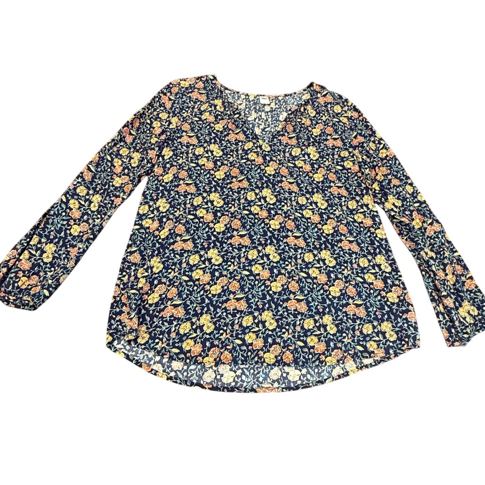 Old Navy Womens Navy Blue Floral V-Neck Long Sleeve Blouse Top Size M Rayon
